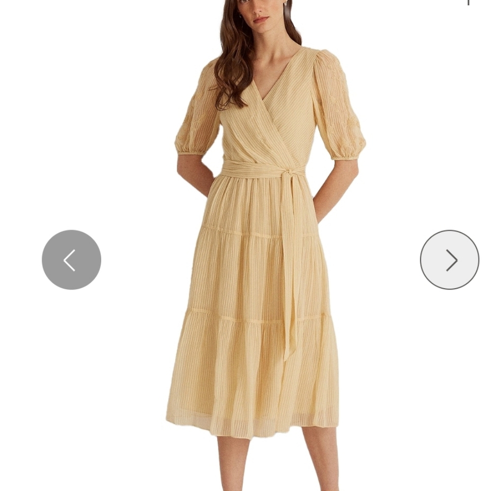 Lauren Ralph Lauren Women’s Beige Dobby Puff Sleeve Midi Dress Sz 16